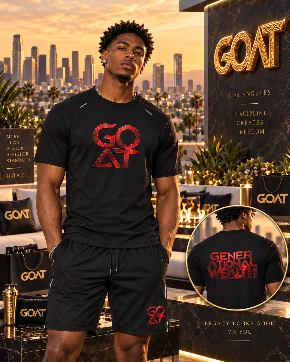GOAT black and red Generational Wealth outfit with front and back design details.