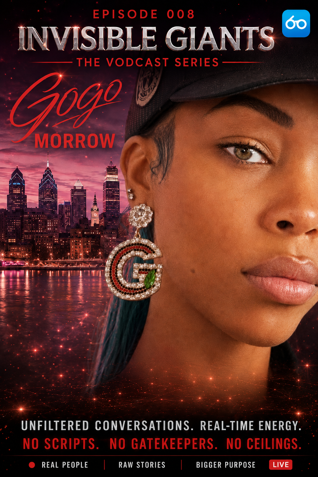 Original INVISIBLE GIANTS Episode 008 artwork featuring GoGo Morrow, a city skyline and LOOKHU branding.