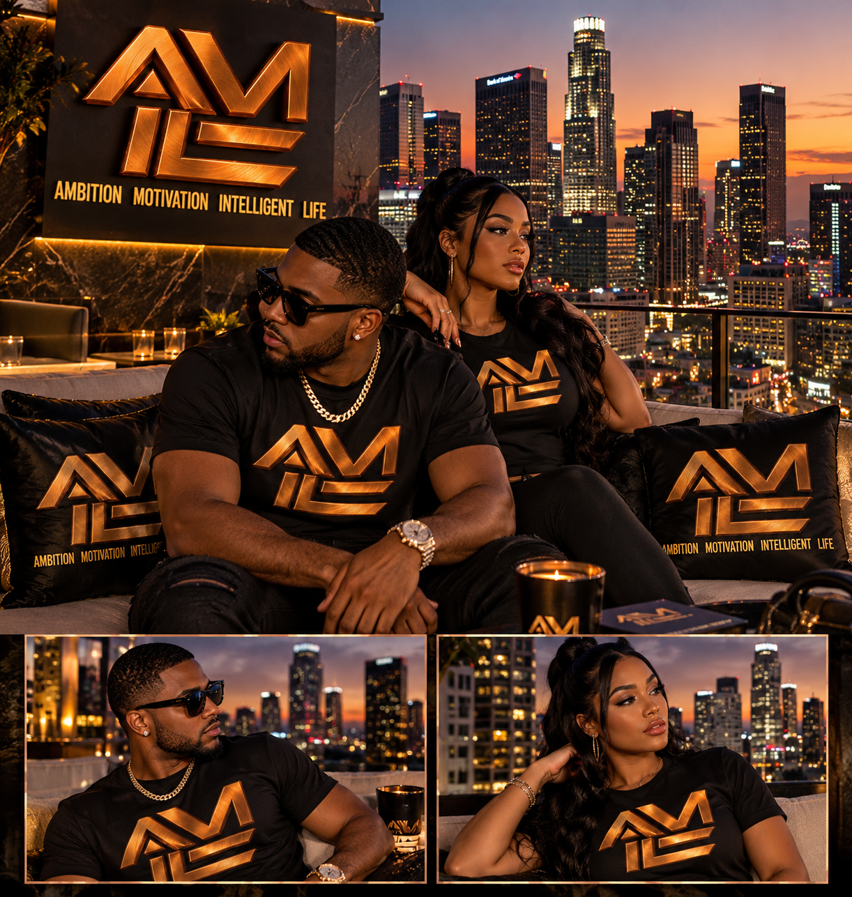 Two models wearing black AMIL gold and bronze graphic tees on a rooftop at sunset, with original design detail panels.