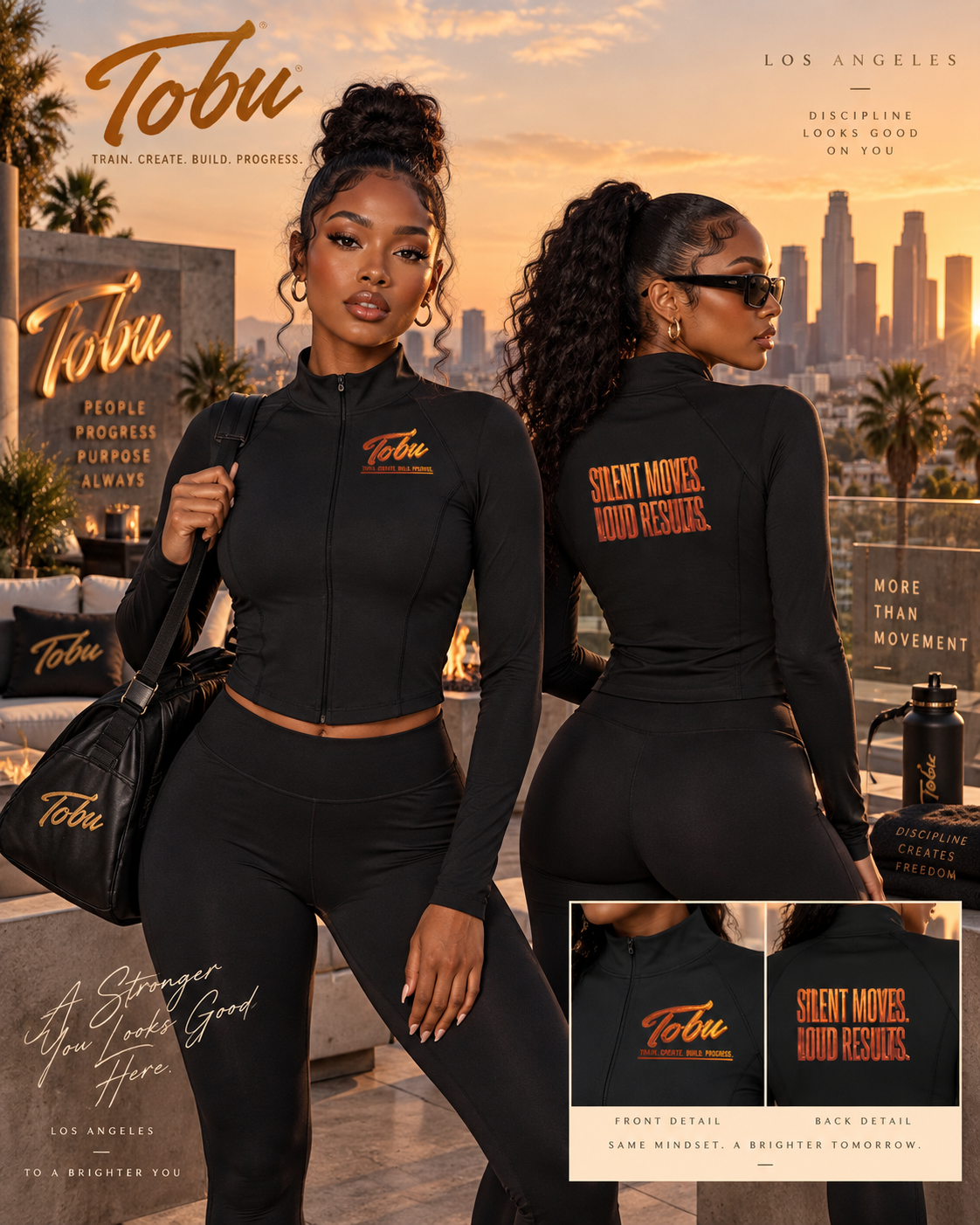 Front and back views of the black TOBU cropped jacket on models against a sunset skyline, with original bronze graphics and detail panel.
