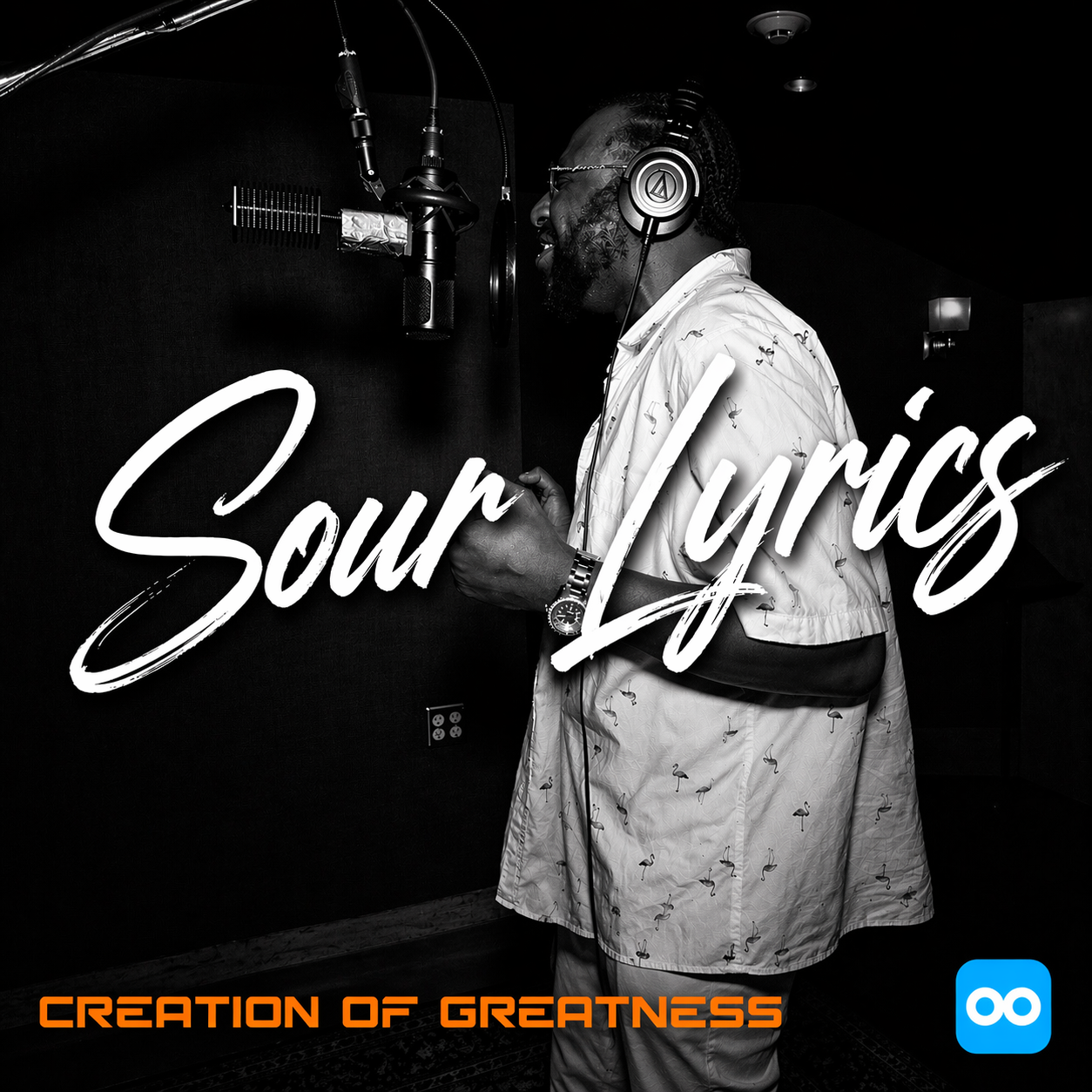SOUR LYRICS recording at a studio microphone in black-and-white Creation of Greatness artwork.